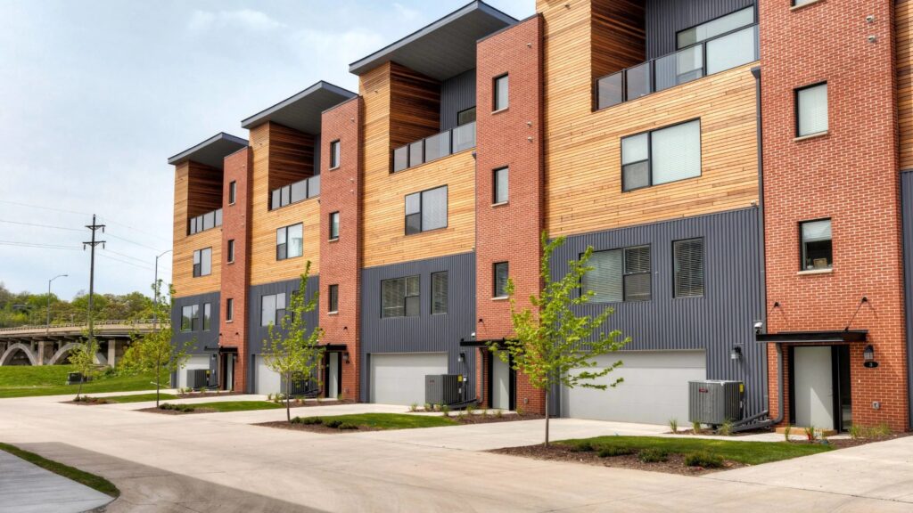 Row of modern multi‑story townhomes with wood and brick exterior accents.