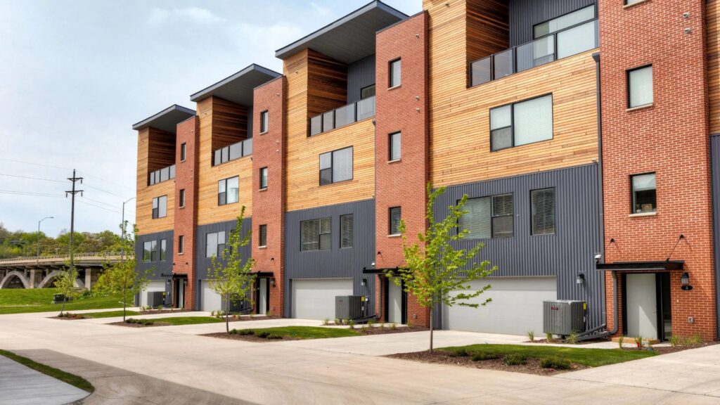Row of modern townhomes with brick and wood siding along a clean driveway and landscaped area.