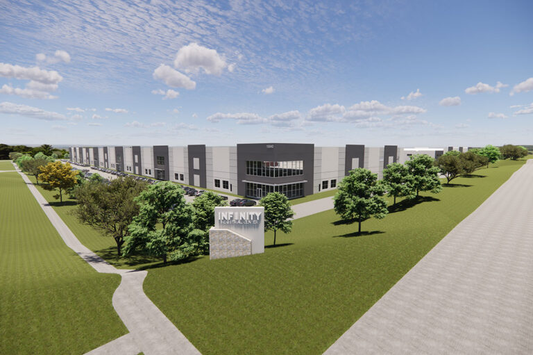 Rendering of a large industrial building (Infinity Industrial Center Building III) with a modern gray facade, surrounded by open green space and a sign reading “Infinity Logistics Center."