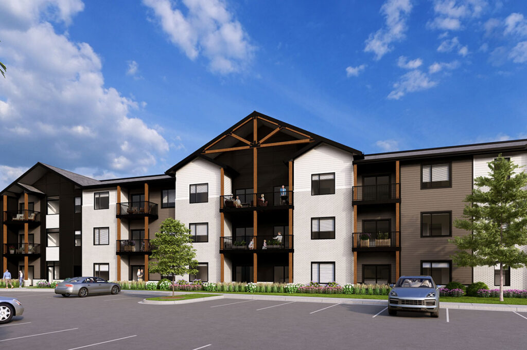 Rendering of a three‑story apartment building with white and dark exterior accents, exposed timber-style roof elements, and balconies facing a parking lot.