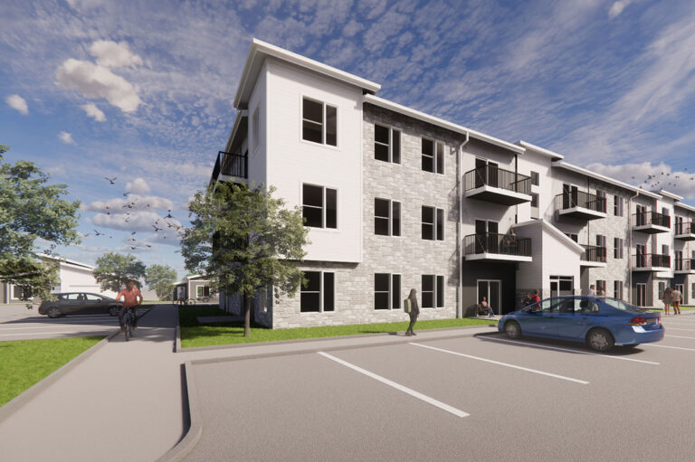 Rendering of a three‑story apartment building (Siena Crossing) with white and stone exterior finishes, balconies, and a parking lot in front.