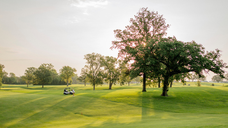 A golfer and cart on a peaceful, tree-lined course during golden hour, highlighting the serene outdoor setting.