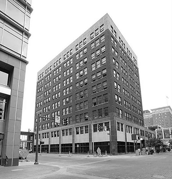 Black and white image of the first Hubbell building opened in 1913.