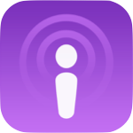 Apple Podcasts logo with a white stylized figure inside a purple gradient square.