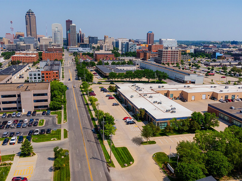 Drone view of downtown Des Moines and many commercial buildings