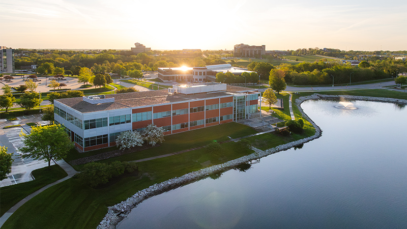Aerial view of Hubbell Corporate offices overlooking a body of water