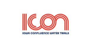 ICON Iowa Confluence Water Trails logo with red stylized lettering above navy tagline.