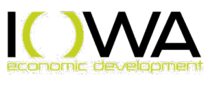 Iowa Economic Development logo featuring stylized lime‑green and black text.