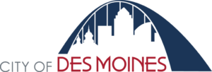 City of Des Moines logo with a navy arch framing a skyline silhouette above red and gray text.