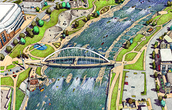 Illustrated aerial view of a section of ICON Water Trails featuring a prominent arched pedestrian bridge, surrounding green spaces, trails, and nearby buildings.