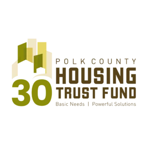Polk County Housing Trust Fund 30th anniversary logo with stylized buildings and green and brown text.