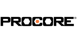 Procore logo with bold black lettering and an orange hexagon inside the second ‘O.’