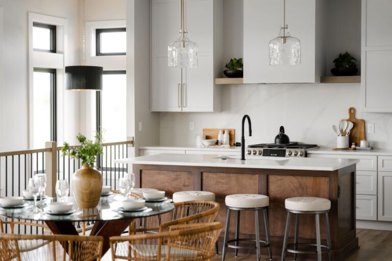 custom kitchen with an island and dining room table