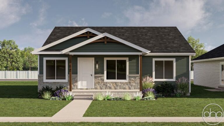 small green house with stone front