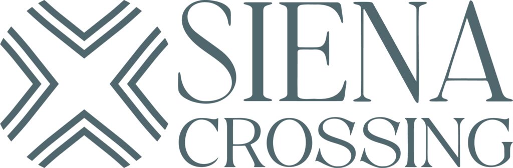Siena Crossing logo featuring a stylized geometric ‘X’ symbol and the words ‘Siena Crossing’ in a modern serif font.