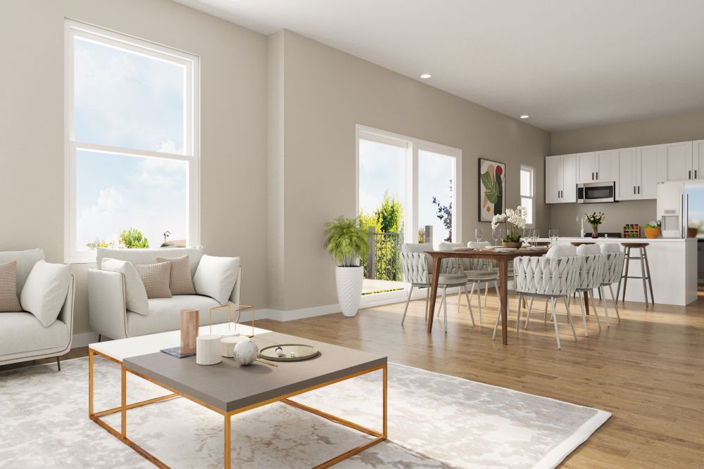 interior rendering of living room and kitchen with white cabinets