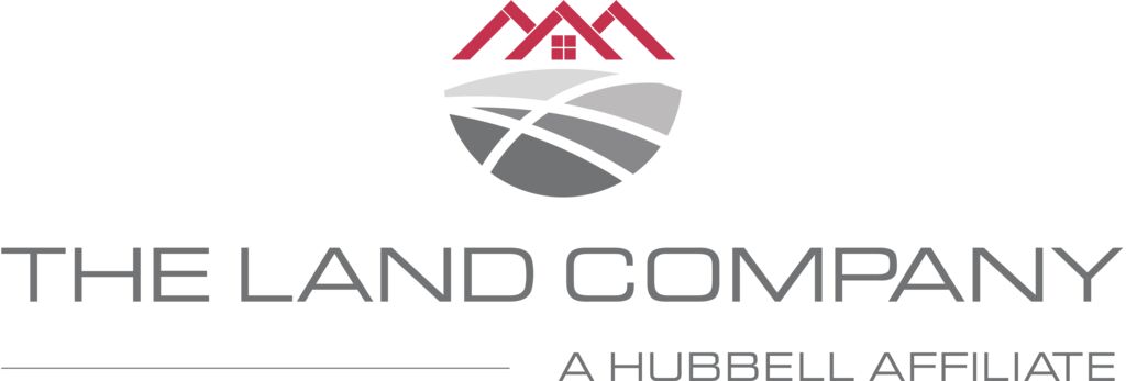 The Land Company logo featuring a stylized landscape icon with rooftops above curved fields, alongside the text ‘The Land Company, a Hubbell affiliate.’